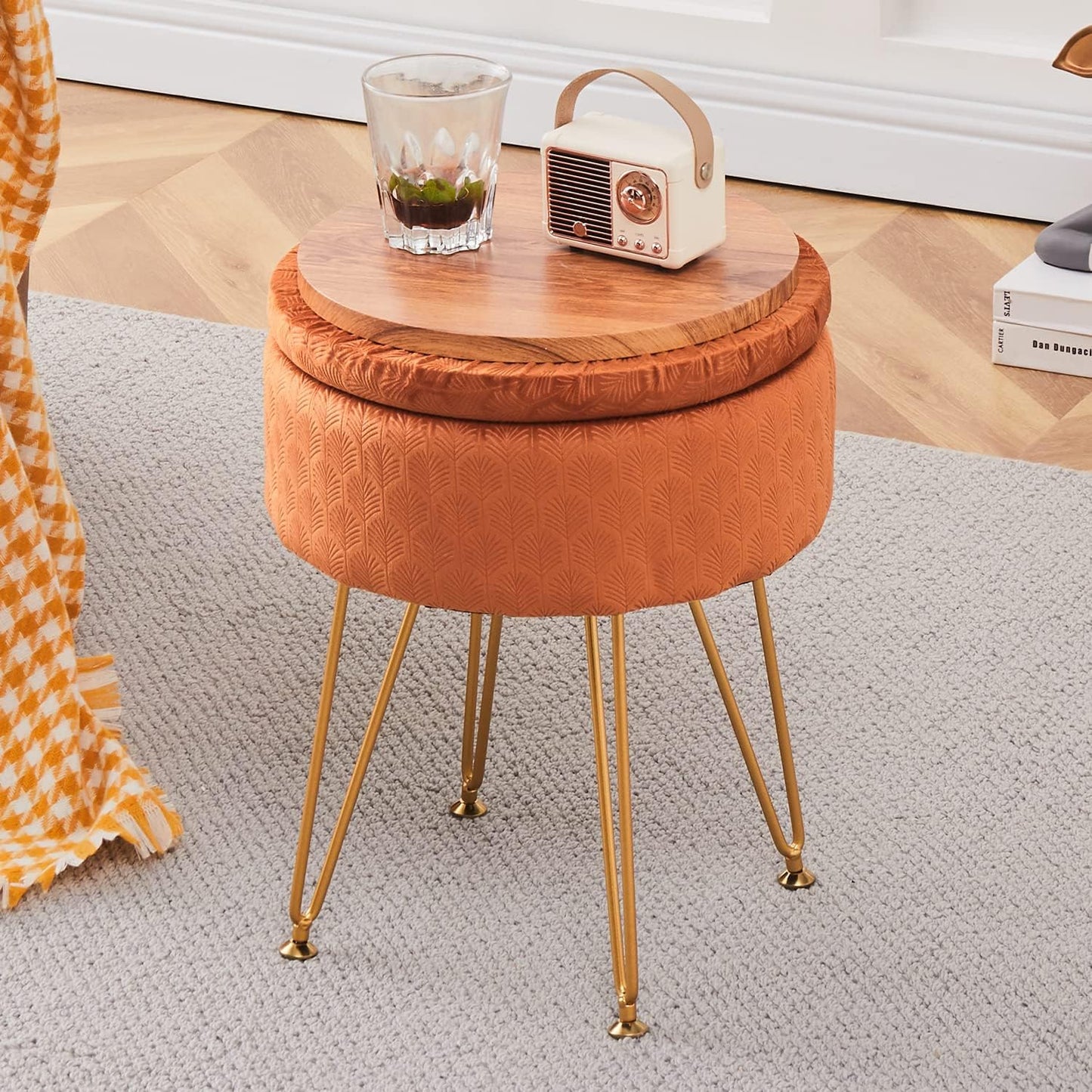 Cpintltr Footrest Footstools Round Velvet Ottoman with Storage Space Soft Vanity Chair with Memory Foam Seat Small Side Table Hallway Step Stool 4 Gold Metal Legs with Adjustable Footings Champagne