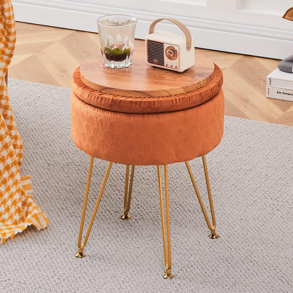 Cpintltr Footrest Footstools Round Velvet Ottoman with Storage Space Soft Vanity Chair with Memory Foam Seat Small Side Table Hallway Step Stool 4 Gold Metal Legs with Adjustable Footings Champagne