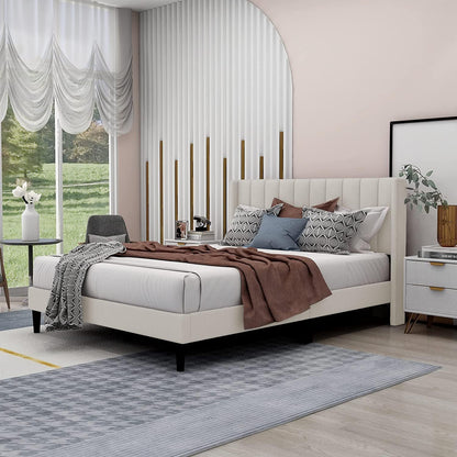 Wooden Twist Modern Rectangular Velvet Upholstery Bed with Soft Wingback Headboard Transform Your Bedroom Into a Sanctuary of Comfort and Style with Our Upholstery Bed (Beige) (Twin)