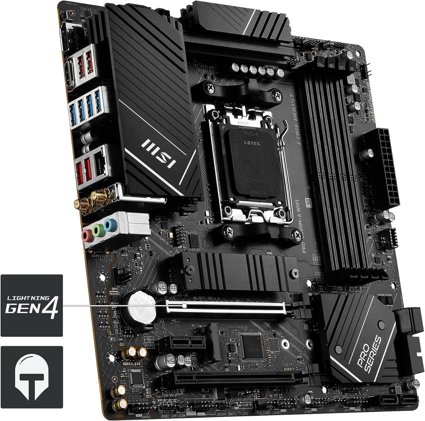 MSI PRO B650M-A WIFI AM5 Micro-ATX Motherboard, AMD B650 Chipset, 4 x 2-Channel DDR5 Slots, 128GB Max Memory, Wi-Fi 6E, 2x PCI-E x16, 2x M.2, 1x HDMI, 1x DP