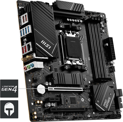 MSI PRO B650M-A WIFI AM5 Micro-ATX Motherboard, AMD B650 Chipset, 4 x 2-Channel DDR5 Slots, 128GB Max Memory, Wi-Fi 6E, 2x PCI-E x16, 2x M.2, 1x HDMI, 1x DP