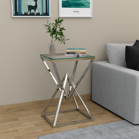 RIGID Console Table | Corner End Table with Stainless Steel Frame and Glass Top for Living Room, Office