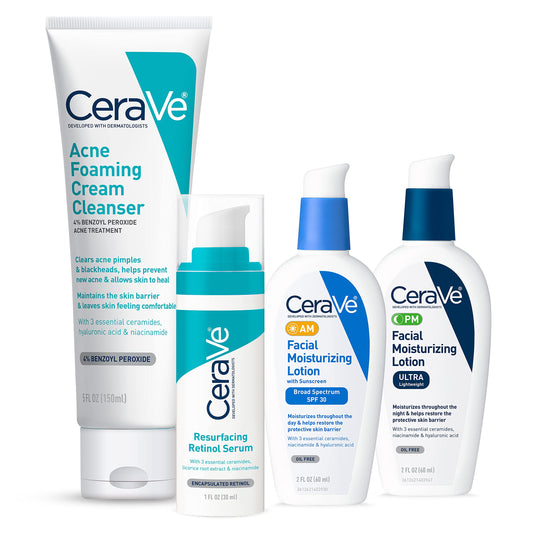 CeraVe Skin Care Set for Acne Treatment with Face Wash with Benzoyl Peroxide, Retinol Serum, AM Face Moisturizer with SPF & PM Face Moisturizer,5oz Cleanser + 1oz Serum + 2oz AM Lotion + 2oz PM Lotion