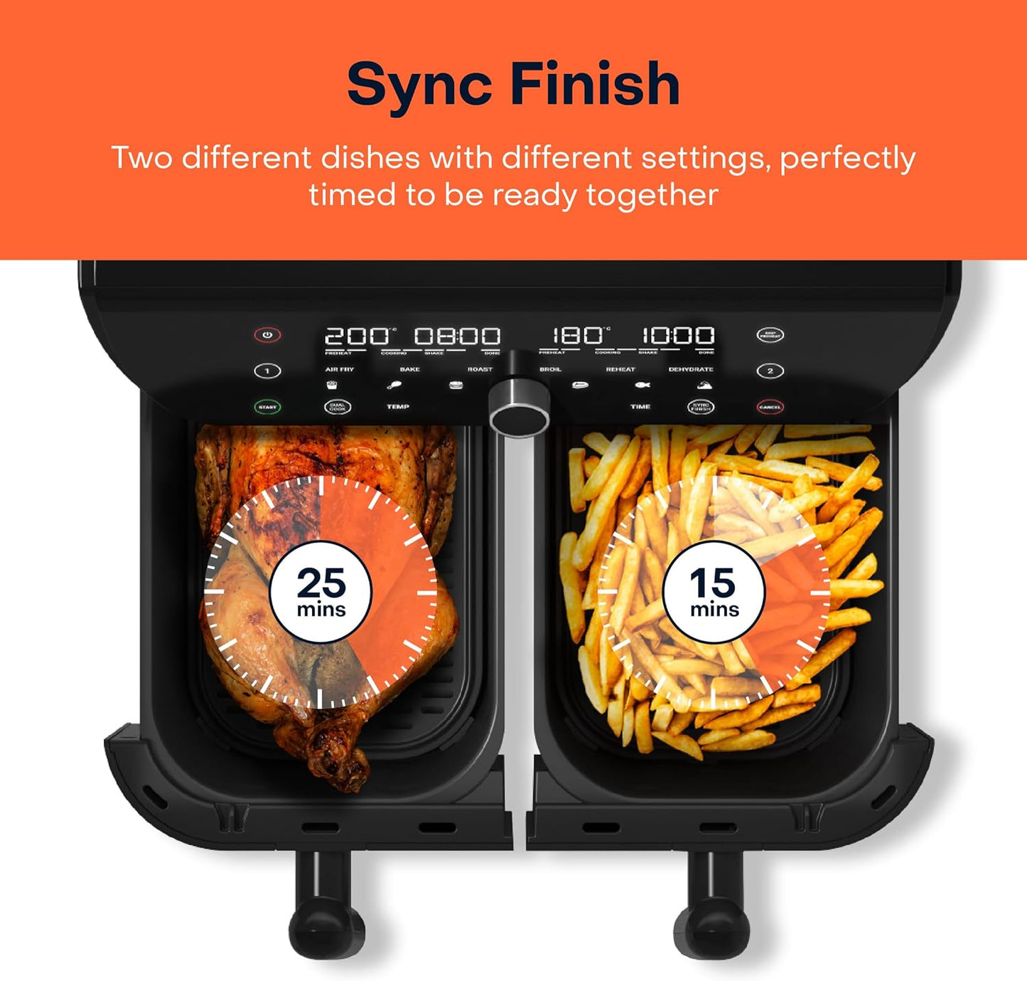 Nutricook Air Fryer Duo 2 by Caliber Brands, 8.5L Independently Controlled Dual Baskets, Air Fry, Bake, Roast, Broil, Reheat & Dehydrate, 6 Presets, AFD185, Black, 2400 Watts, 2 Year Warranty