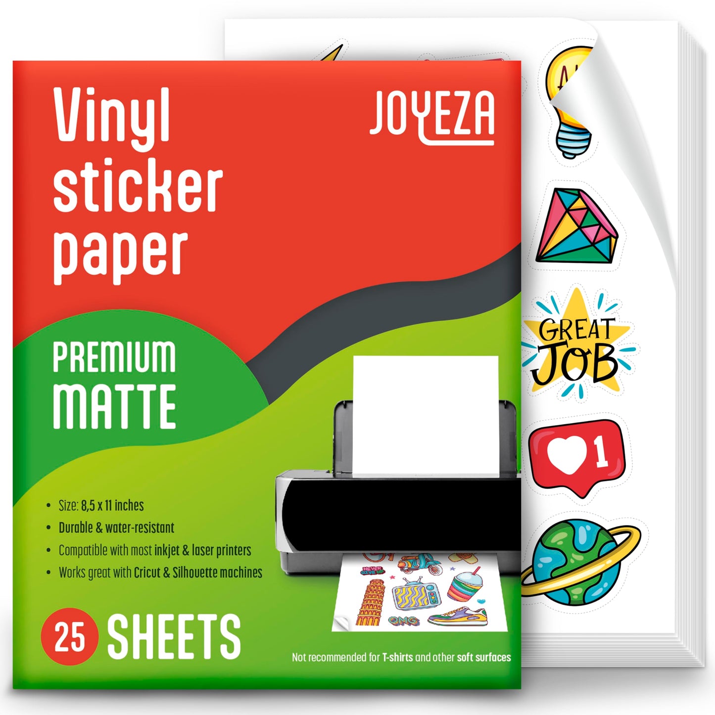 JOYEZA Premium Printable Vinyl Sticker Paper for Inkjet Printer - 25 Sheets Matte White Waterproof, Dries Quickly Vivid Colors, Holds Ink well- Tear Resistant & Laser