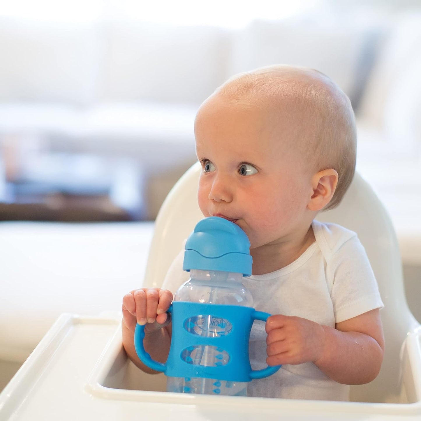 Dr. Brown’s® Milestones™ Narrow Sippy Straw Bottle with 100% Silicone Handles, 8oz/250mL, Gray & Blue, 2 Pack, 6m+