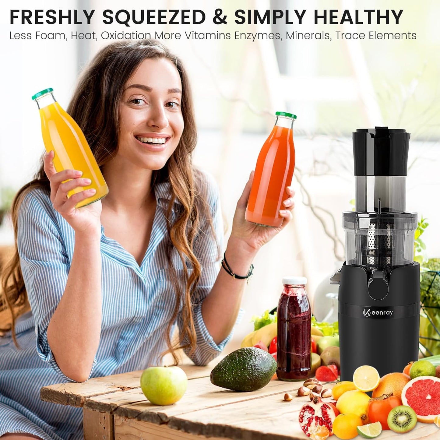 Keenray Juicer Machine, Masticating Slow Juicer for Whole Fruits, Cold Press Juicer with Wide Mouth 80mm Feeding Chute, Reverse Function Quiet Motor Fresh Healthy Juice Extractor (Black)