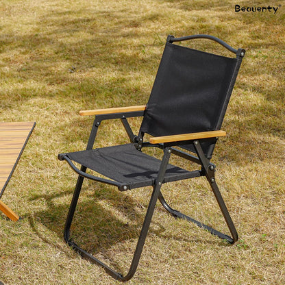 Beauenty Easy Folding Camping Chair with Wooden Handles, Portable Foldable Chair Load Up to 115KG for Outdoor Camping Beach Fishing Picnic (L Black （Height 76CM）)