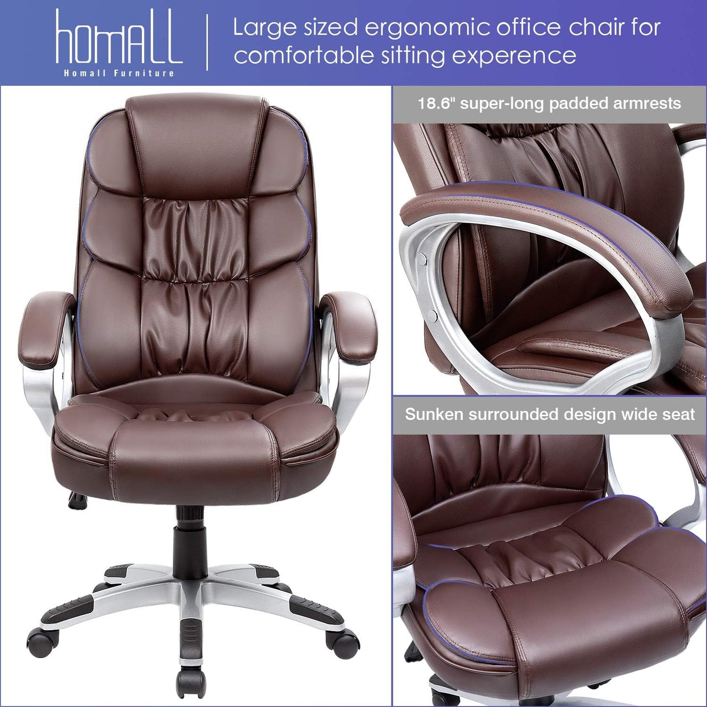 Homall Office Chair High Back Computer Desk Chair, PU Leather Adjustable Height Modern Executive Swivel Task Chair with Padded Armrests and Lumbar Support (Black)