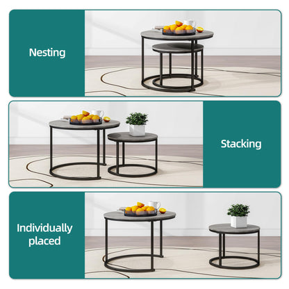 HOJINLINERO Nesting Round Coffee Table Set of 2 End Tables for Living Room,Grey Coffee Table Wooden Accent Furniture with Metal Frame,Stacking Side Tables,Black+Warm Grey