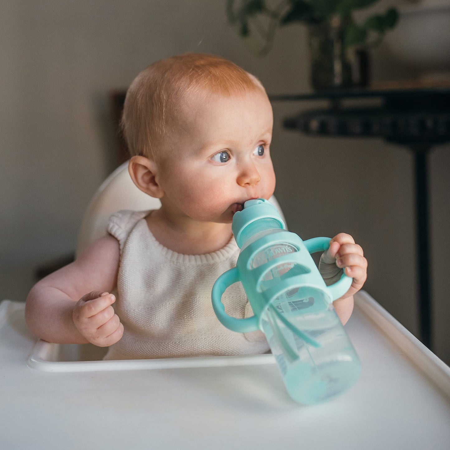 Dr. Brown’s® Milestones™ Narrow Sippy Straw Bottle with 100% Silicone Handles, 8oz/250mL, Gray & Blue, 2 Pack, 6m+