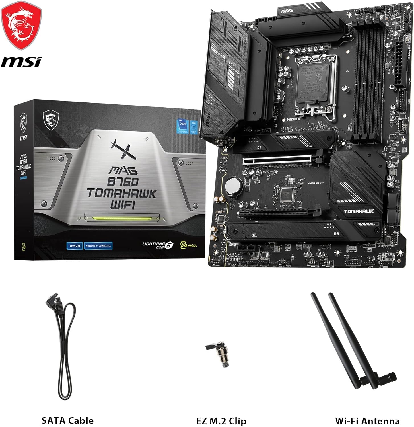 MSI MAG B760 TOMAHAWK WIFI DDR4 LGA1700 ATX Motherboard, Intel B760 Chipset, 4x DDR4, 128GB Max Memory Capacity, Wi-Fi 6E, 2.5Gbps LAN, 2x PCI-E x16, 3x M.2 1x HDMI 1x DP, USB 2.0/3.2 - Black - CaveHubs