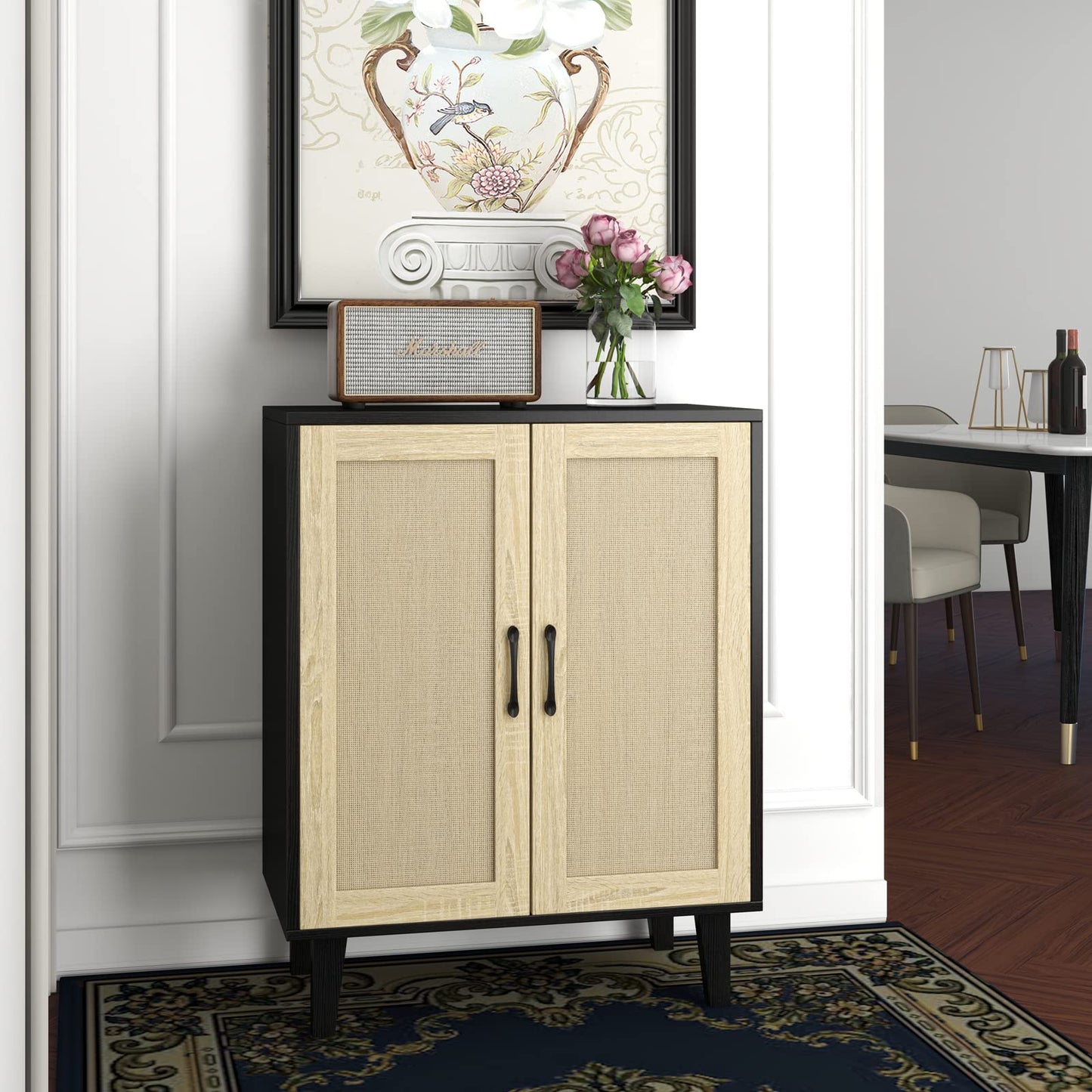 Panana Buffet Cabinet Sideboard with Rattan Decorated Doors Kitchen Storage Cupboard Accent Cabinet (White)