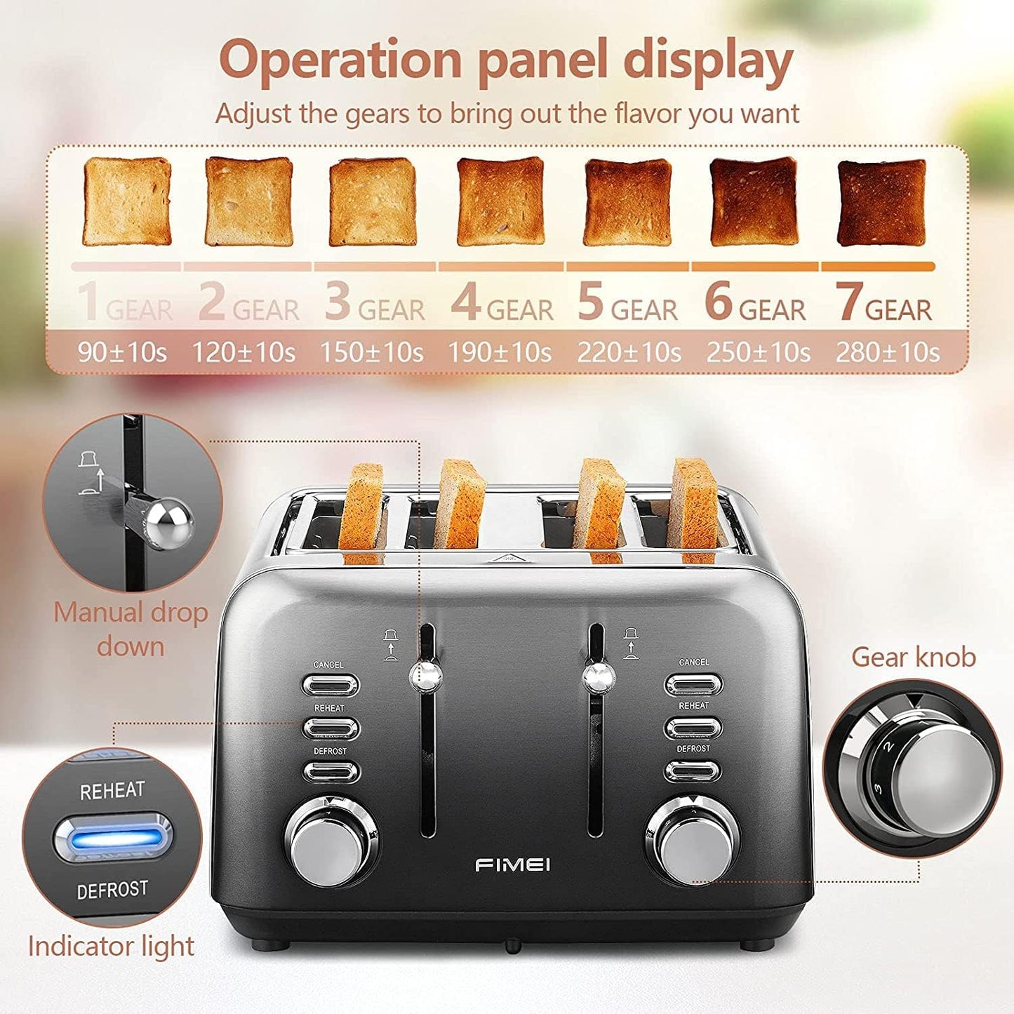 Toaster 4 Slice, FIMEI Stainless Steel Toaster with Extra Wide Slot, Automatic Toaster, Compact Bagel Toaster, 7 Browning Setting with Defrost/Reheat/Cancel Function, Removable Crumb Tray (Gradient)