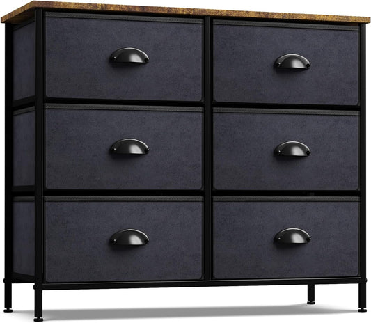 Sorbus Dresser with 6 Fabric Drawers - Bedroom Furniture Storage Chest Tower Unit for Bedroom, Hallway, Closet, Office Organization - Steel Frame, Rustic Wood Top, Easy Pull Fabric Bins