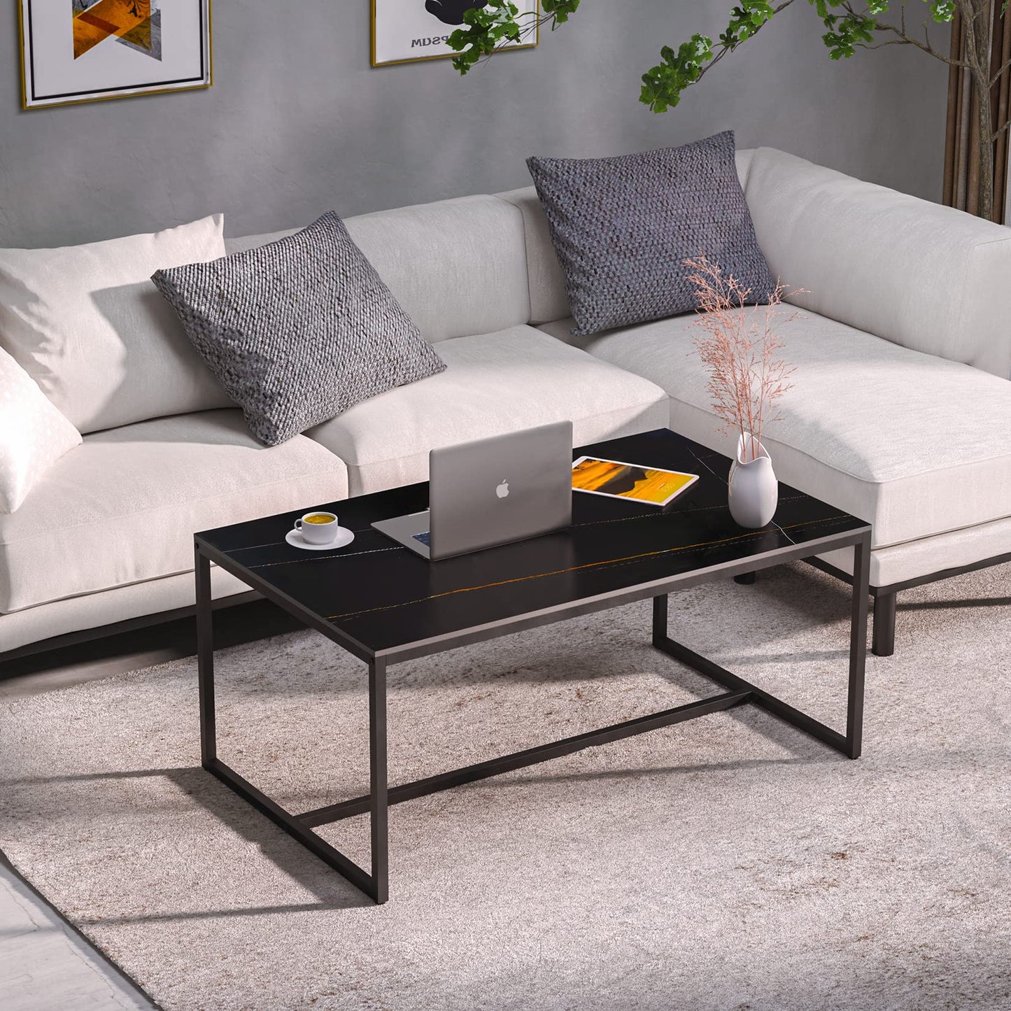 Marble Top Coffee Tables Rectangle: Sintered Stone Large Black Coffee Table Marbles Effect Tabletop with Sturdy Metal Legs Modern Sofa Center Table for Living Room Furniture Decor 100x60x42 CM