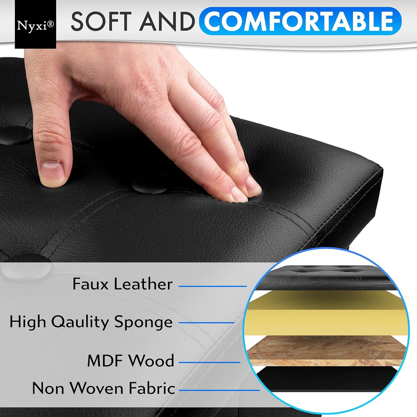 Nyxi Faux Leather 76 * 38 * 38cm Black Ottoman Foldable Storage Boxes Seat Foot Stool Storage Box with Lids for Kids Toys, Bedroom, Hallway, Living Room…