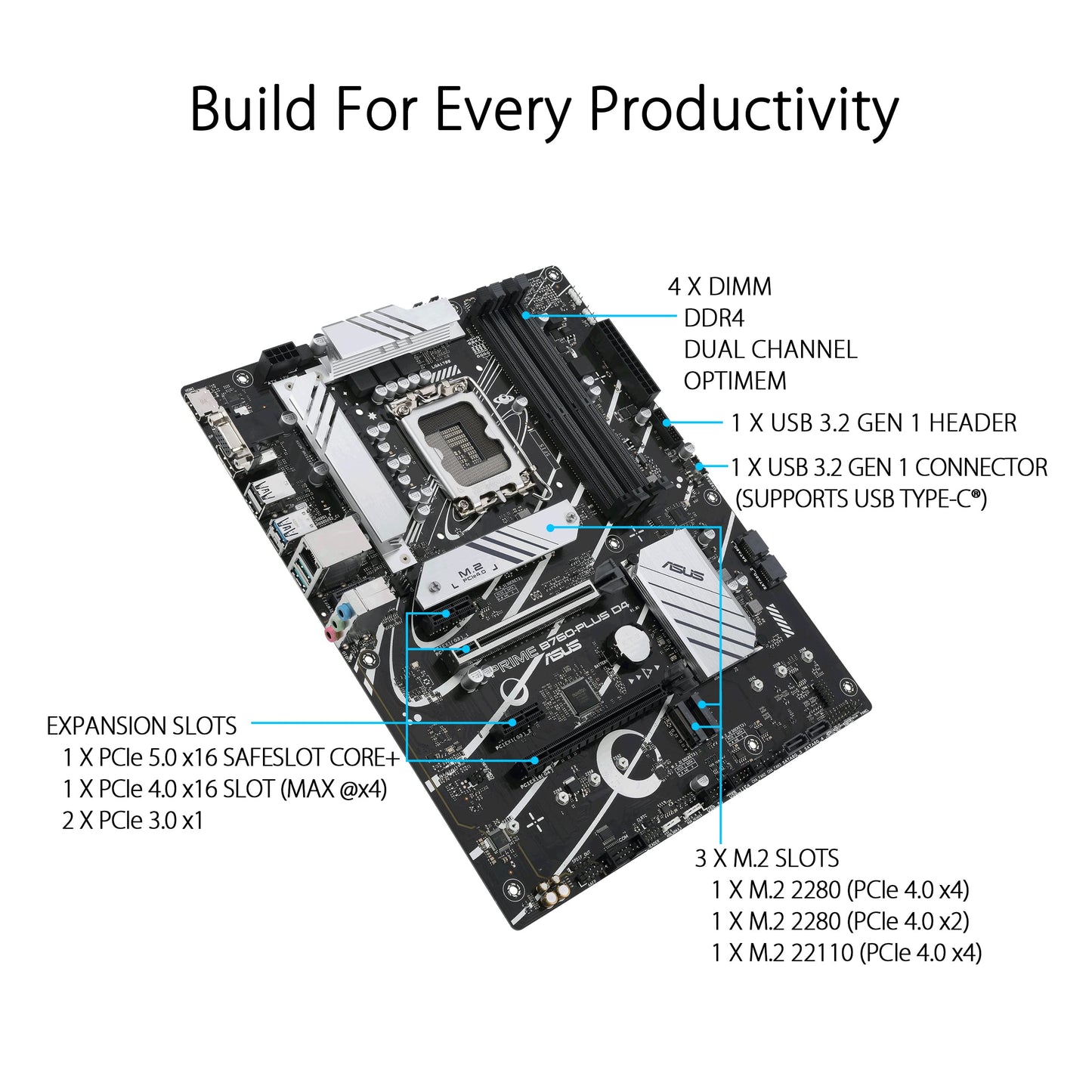 ASUS PRIME B760-PLUS D4 ATX Motherboard, LGA1700, Intel B760 Chipset, 4xDDR4 Slot, Max 128GB, PCle 5.0, 2.5Gb Ethernet, Fan Xpert 2+, Aura Sync, DP/VGA/HDMI