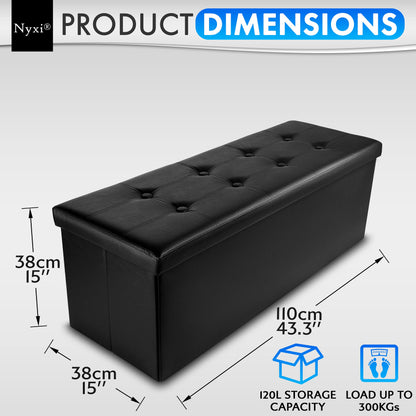 Nyxi Faux Leather 110 * 38 * 38cm Black Ottoman Foldable Storage Boxes Seat Foot Stool Storage Box with Lids for Kids Toys, Bedroom, Hallway, Living Room…