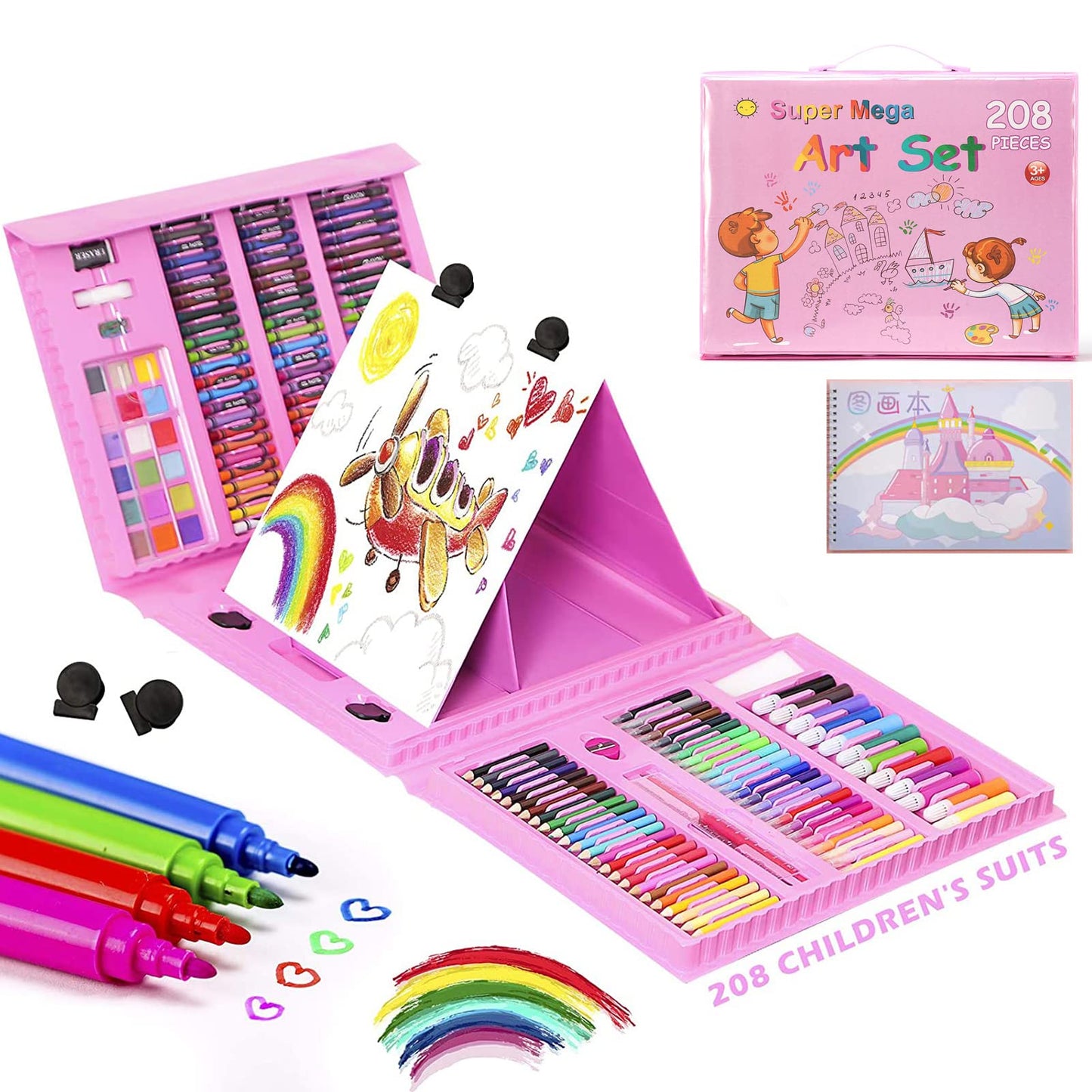 IS MUHE 209 pcs art supplies, children's drawing art set with double-sided tri-fold easel box, with oil pastels, crayons, colored pencils, paintbrushes, watercolor brushes, etc. (Pink)