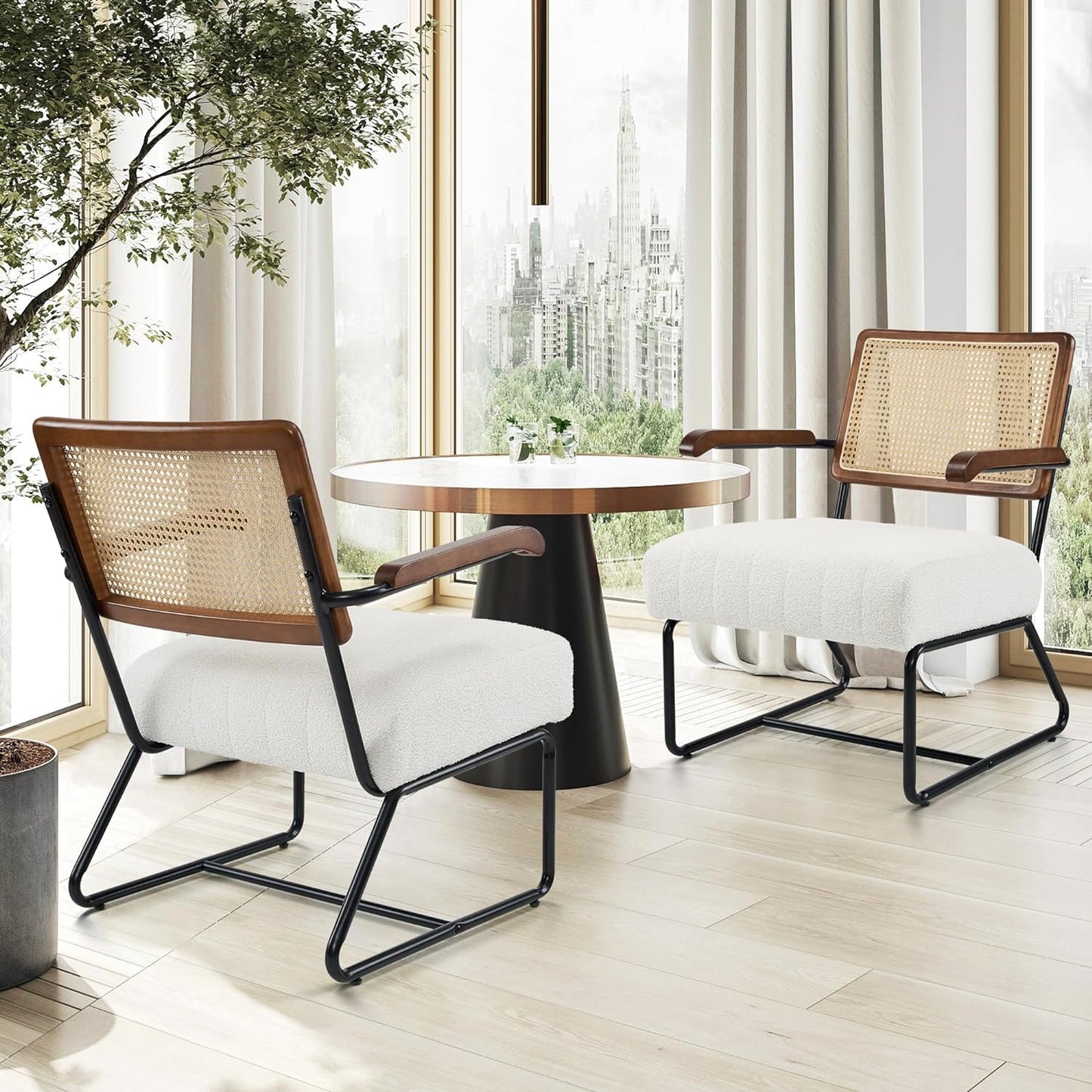 Fahomiss Accent Chairs - Living Room Chairs Mid-Century Modern Style Breathable Mesh Rattan Backrest Velvet Seat Oversized Bedrooms Reading Office White Black (White-Brown, x1)