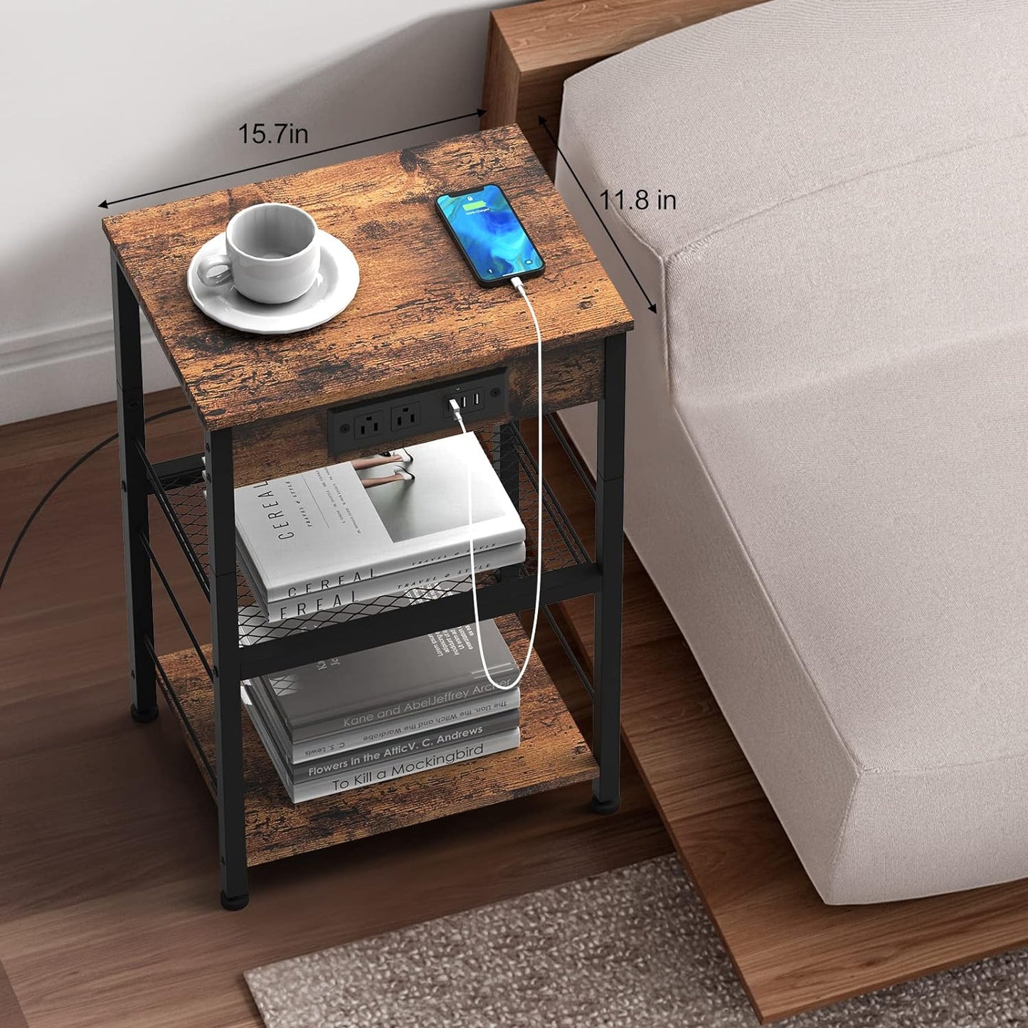 Nightstand with Charging Station End Table with USB Ports and Power Outlets Side Tables Bedroom with Storage Shelves Industrial End Table 3 Tier in Living Room Bedside, Brown