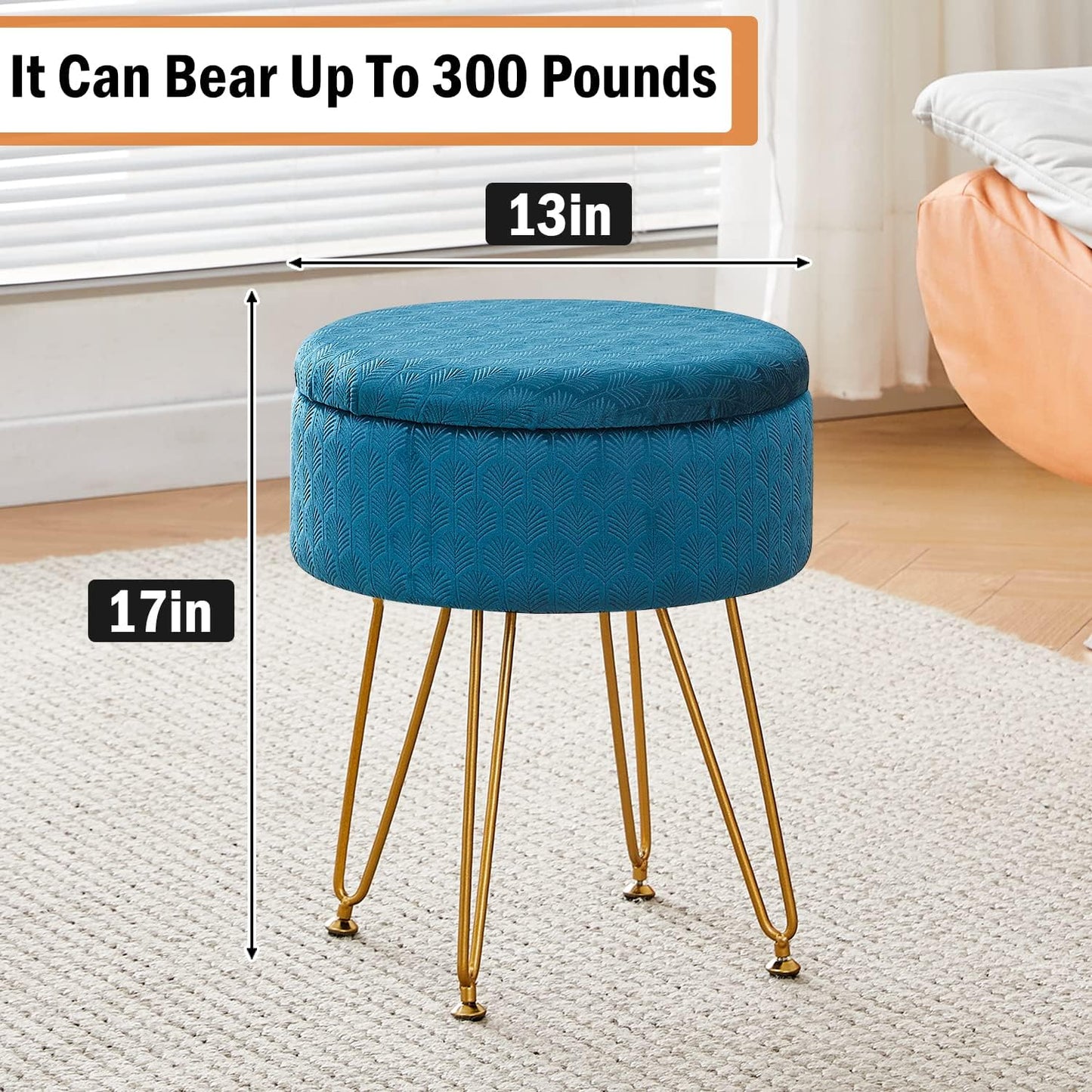 Cpintltr Footrest Footstools Round Velvet Ottoman with Storage Space Soft Vanity Chair with Memory Foam Seat Small Side Table Hallway Step Stool 4 Gold Metal Legs with Adjustable Footings Champagne