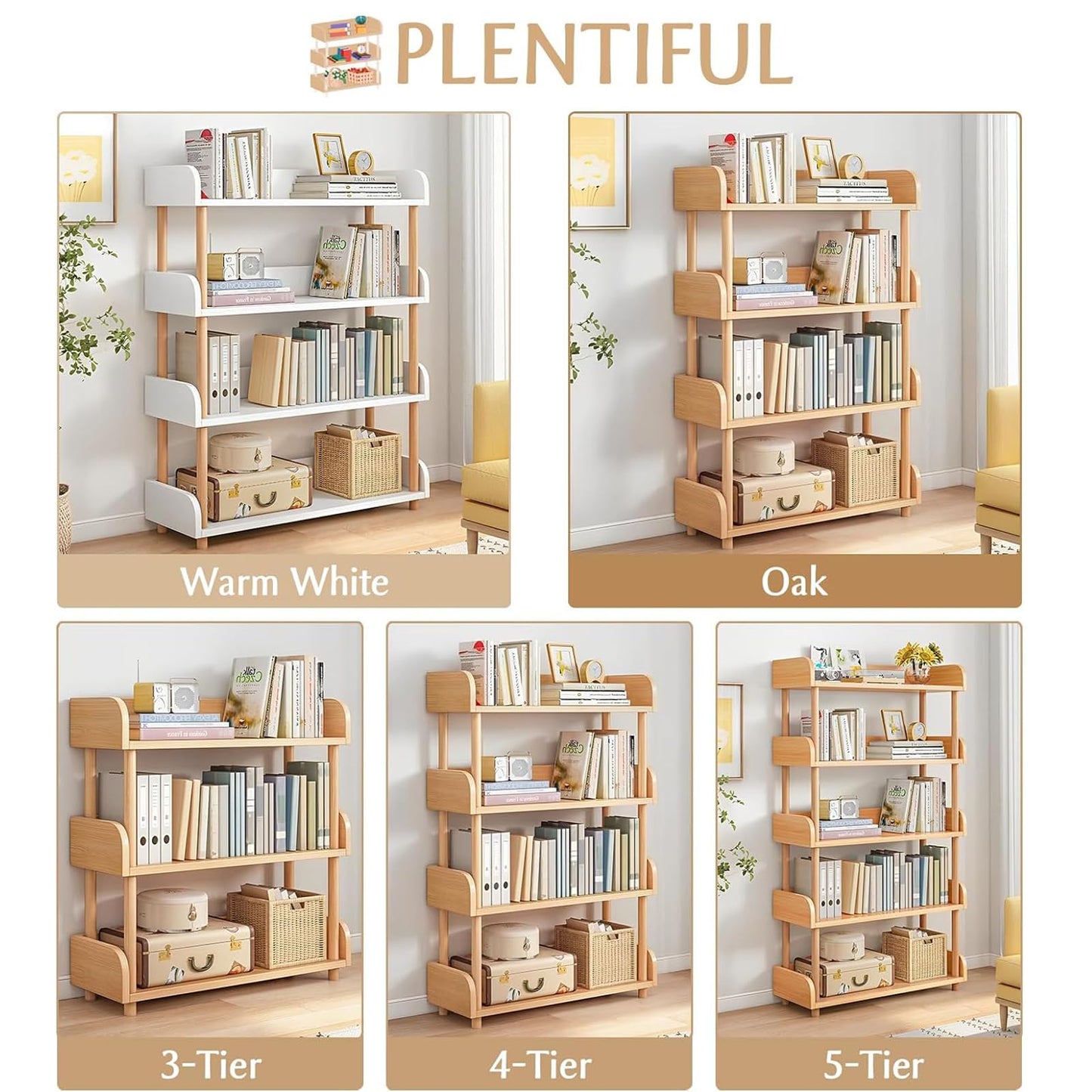 U-HOOME 4-Tier Open Bookshelf -Freestanding Bookcase,Book Shelf Book Rack,Wood Storage Shelves Display Stand with Top Edge and Solid Wood Frame for Living Room,Home Office,Storage Cabinet