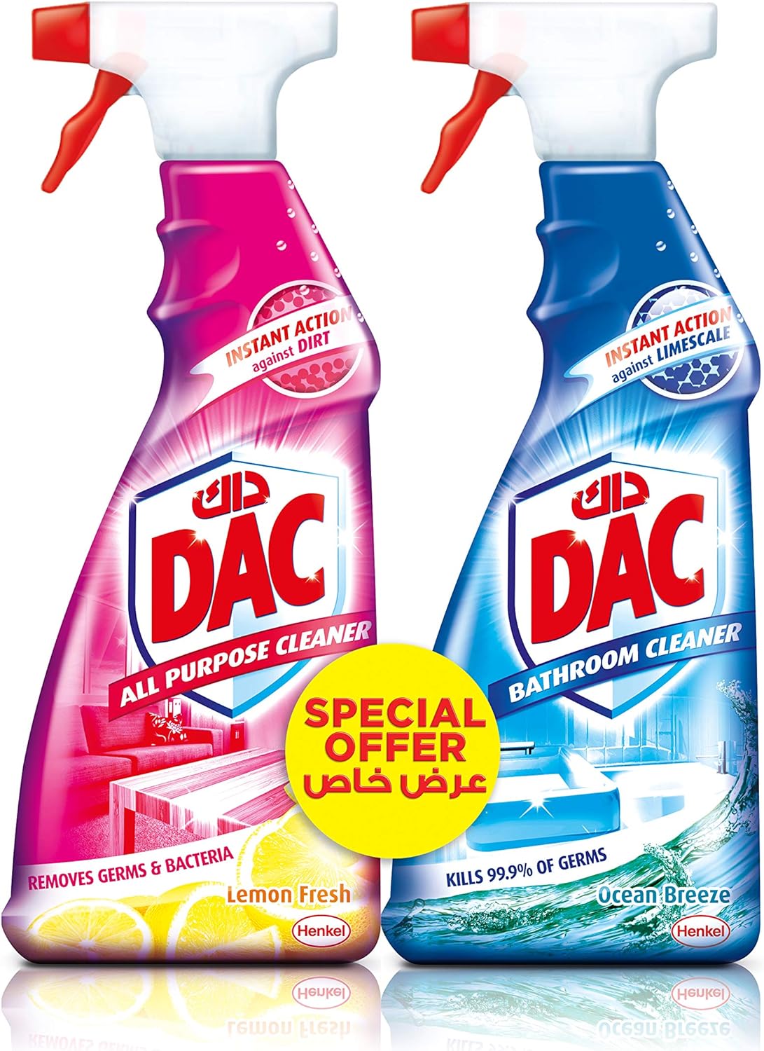 DAC Multi-Purpose Cleaner Spray - Lemon Fresh (500ml) + Ocean Breeze (500ml) - Pack of 2, for Germs and Bacteria Removal, with Dirt Repel Technology and Long-Lasting Cleanliness