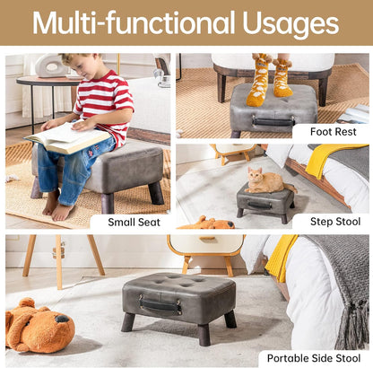 Small foot stool ottoman, Beige PU leather rectangle ottoman footrest, bedside step stool with wood legs, small Rectangular stool, foot rest for couch, small ottoman for desk, living room, bedroom