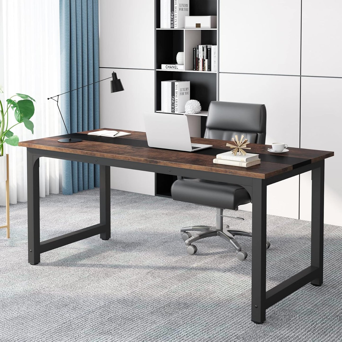 Tribesigns Computer Desk, Large Office Desk Computer Table Study Writing Desk for Home Office, Walnut + Black Leg, 63 X 23.6 inch