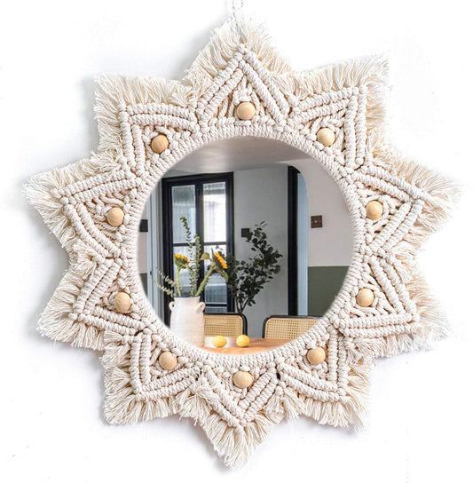 TERRIFI Wall Mirror, Wall Decor Mirror Macrame Circle Hanging Mirror Ready to Hang Bedroom Decoration for Women Home Room Decorative Mirrors