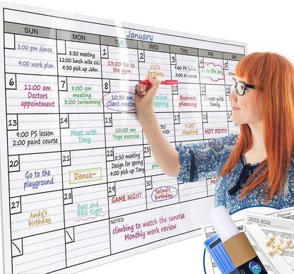 Dry Erase Monthly Laminated Jumbo Whiteboard Calendar, 25" by 38", Erasable Family Schedule Planner