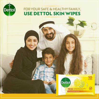 Dettol Fresh Antibacterial Skin Wipes for Use on Hands, Face, Neck etc, Protects Against 100 Illness Causing Germs, Pack of 50 Water Wipes