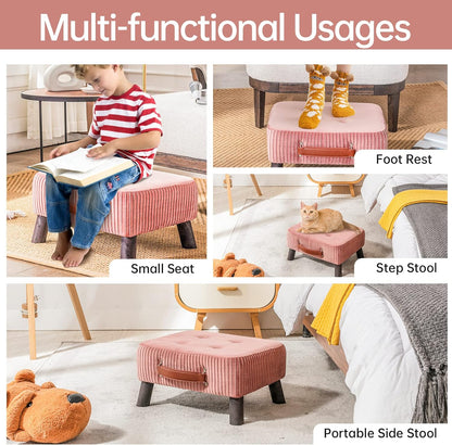 Small foot stool ottoman, Beige PU leather rectangle ottoman footrest, bedside step stool with wood legs, small Rectangular stool, foot rest for couch, small ottoman for desk, living room, bedroom