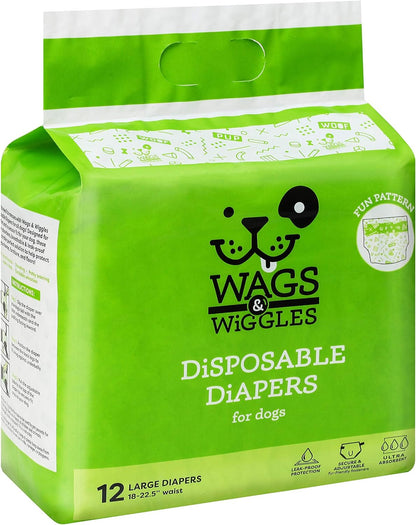 Wags & Wiggles Female Dog Diapers | Doggie Diapers for Female Dogs | Medium Dog Diapers, 16.5"-21" Waist - 12 Pack