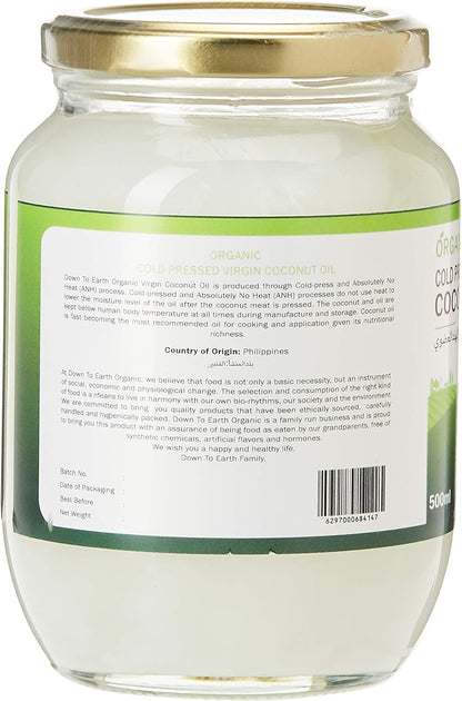 Down To Earth Organic Virgin Coconut Oil For Skin, Hair, and Body, 100% Organic Cold Pressed Oil, Best For Keto and Paleo diet - 500 ml