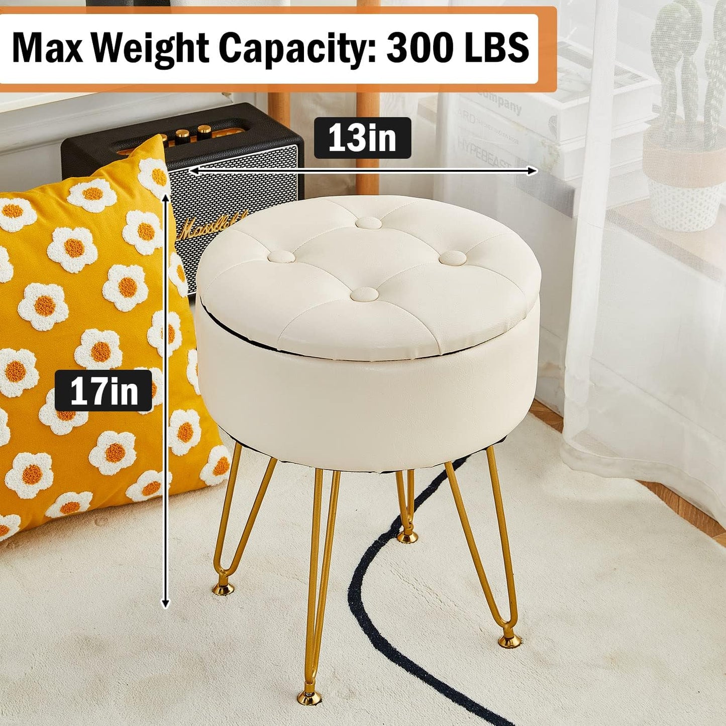 Cpintltr Faux Leather Storage Ottoman Round Footrest Stool Multifunctional Upholstered Ottoman with Metal Legs Modern Vanity Stools Tray Top Coffee Table Suitable for Living Room Bedroom Black