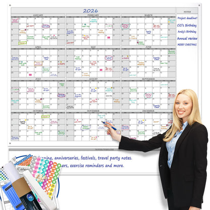 Dry Erase Monthly Laminated Jumbo Whiteboard Calendar, 25" by 38", Erasable Family Schedule Planner