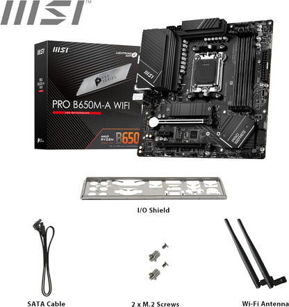 MSI PRO B650M-A WIFI AM5 Micro-ATX Motherboard, AMD B650 Chipset, 4 x 2-Channel DDR5 Slots, 128GB Max Memory, Wi-Fi 6E, 2x PCI-E x16, 2x M.2, 1x HDMI, 1x DP