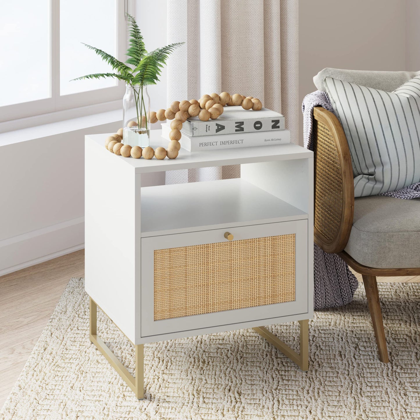 bpa 33203 Side, End or Accent Table in a Matte Finish & Brass Legs with Natural Rattan Storage Door for Living Room or Nightstand for Bedroom, White/Gold