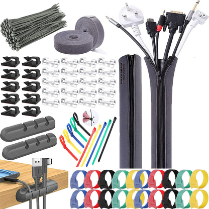 235Pcs Cable Management Kit, 2 Cable Sleeve Large, 2 Silicone Cable Holder, 36 Cable Organizer Straps, 10+5 Cord Clips, 180 Wire Organiser Cable Ties for Under Desk Home Office TV Computer Cables