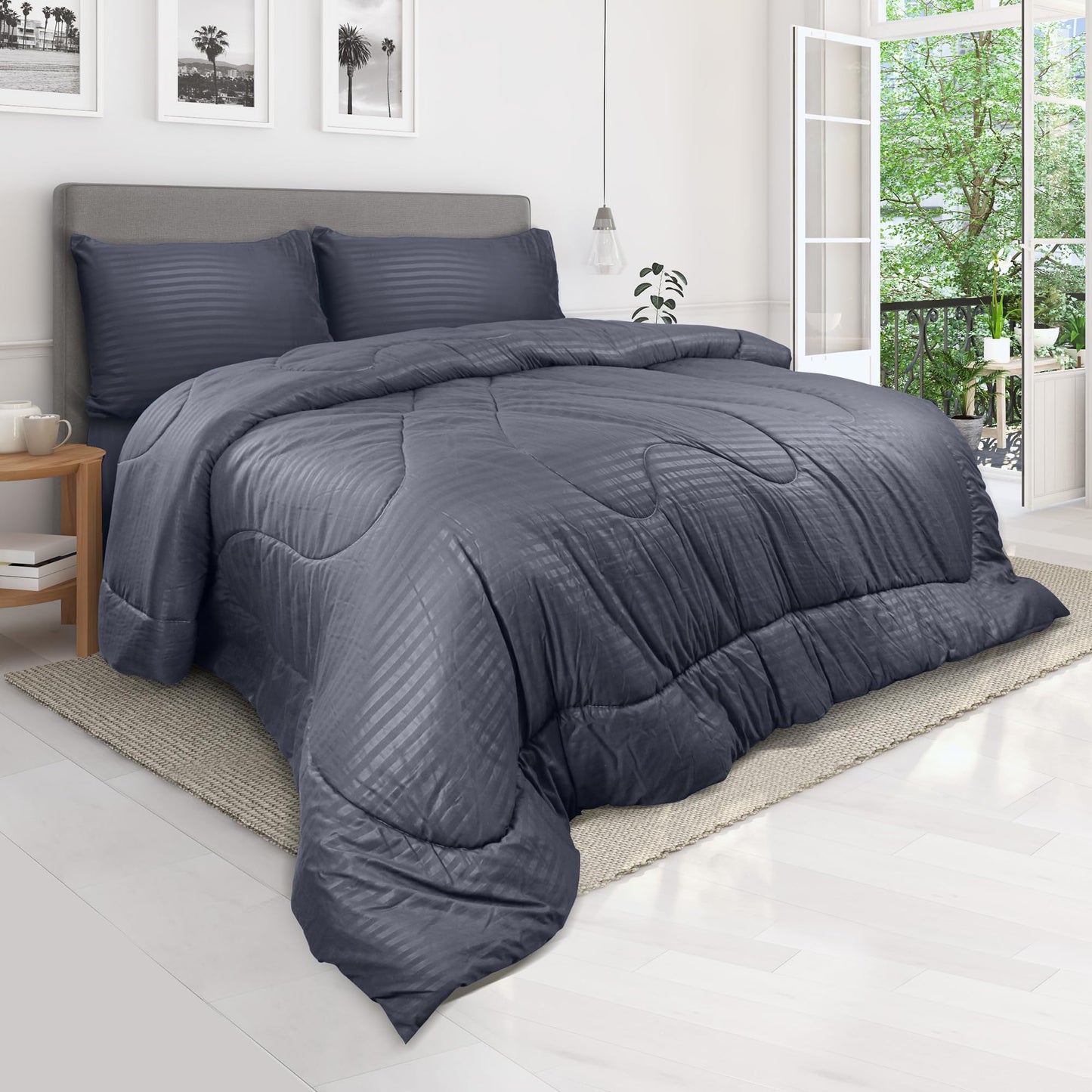 Hotel Linen Klub Down Alternative Comforter Set -Ultra Soft Brushed Stripe Microfiber Fabric, 200GSM Soft Fibersheet Filling, Size : King 240 x 260cm, Color: Dark Grey