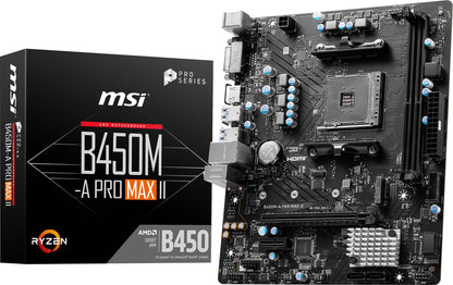 MSI B450M-A PRO MAX II ProSeries Motherboard (mATX, Supports AMD 5000/4000/3000/2000/1000 Series AM4 Processors, M.2, SATA 6G, USB 3.2 Gen 1, DDR4, HDMI/DVI, 2.5Gbps LAN)