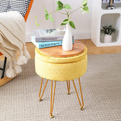 Cpintltr Footrest Footstools Round Velvet Ottoman with Storage Space Soft Vanity Chair with Memory Foam Seat Small Side Table Hallway Step Stool 4 Gold Metal Legs with Adjustable Footings Champagne