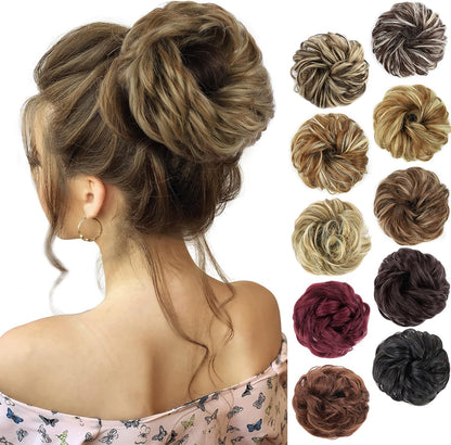 MORICA 1PCS Messy Hair Bun Hair Scrunchies Extension Curly Wavy Messy Synthetic Chignon for Women (12AH613(Light Golden Brown & Lightest Blonde))