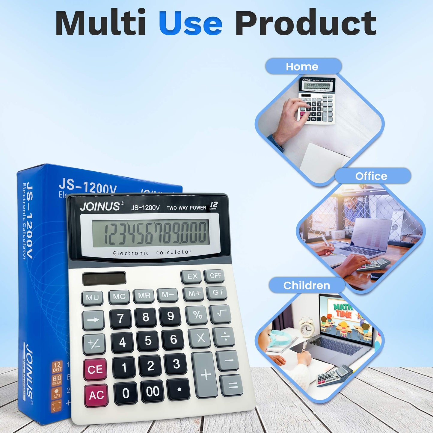 Empire Desk Calculator with Large Key Buttons, 12 Digits, Large Eye-Angled Display, Solar and Battery Powered for Home and Office (Battery Included)