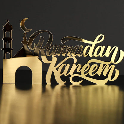 E World | Wooden Acrylic Islamic Tabletop Decors | Ramadan Kareem and Eid Mubarak Decoration | Islamic Muslim Gifts | Ramadan Eid Decoration | (Ramadan Kareem-1, Gold)