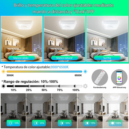 LED Ceiling Light with Remote Control and App, 4000 LM Ceiling Light with Bluetooth Speaker RGB Music Lamp Ceiling Modern Adjustable Colour Changing for Bedroom Living Room Children's Room (B-Square)