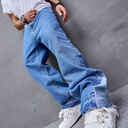 Mens Wide Leg Jeans Baggy Regular Relaxed Fit Straight Leg Jeans Raw Hem Vintage Y2k Loose Fit Denim Pants